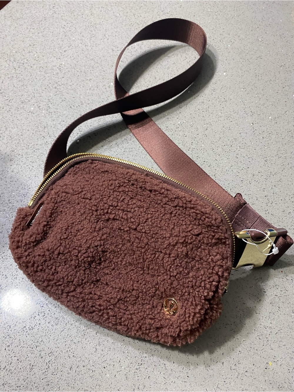 lululemon athletica Brown Faux-Shearling Crossbody Belt Bag with Gold Hardware